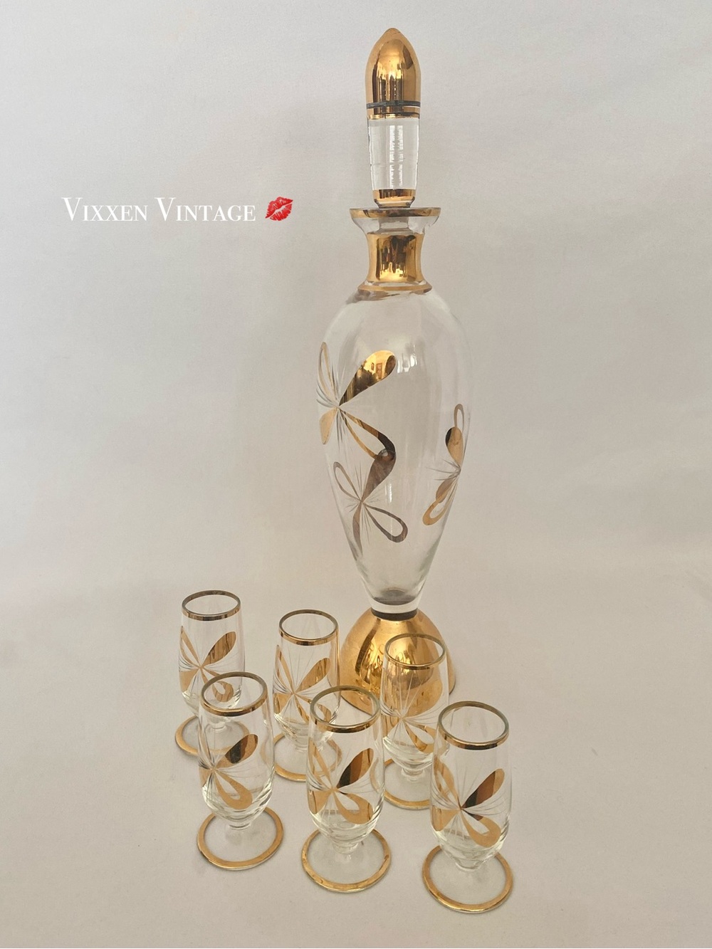 VINTAGE 1960'S MCM GOLD RIMMED DECANTER CORDIAL 7-PIECE SET